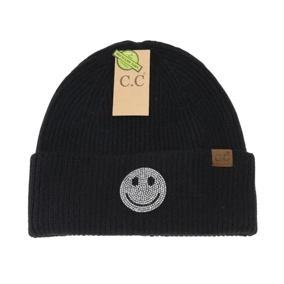 NEW! BOHO CHIC FABULOUS Rhinestone Smiley Face Cuff Beanie - Picture 1 of 4